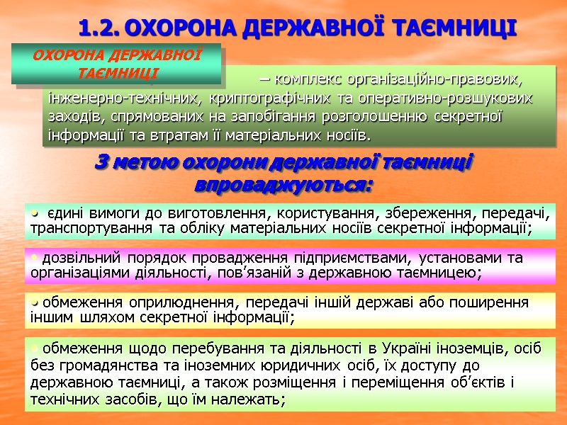 – комплекс організаційно-правових, інженерно-технічних, криптографічних та оперативно-розшукових заходів, спрямованих на запобігання розголошенню секретної інформації